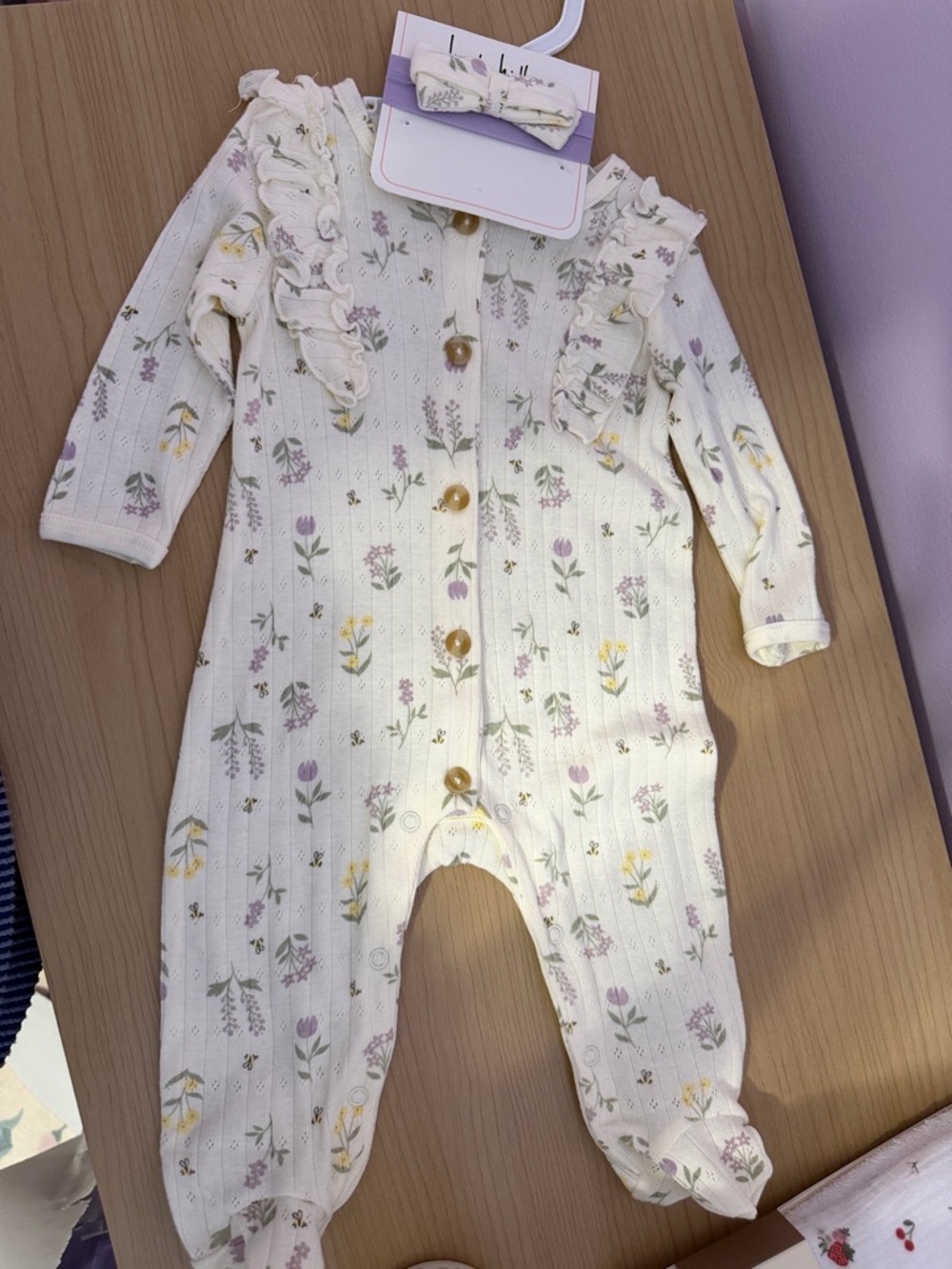Nicole Miller Cream Floral Ruffle Footed Baby One-Piece